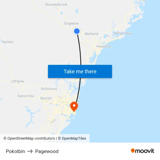 Pokolbin to Pagewood map