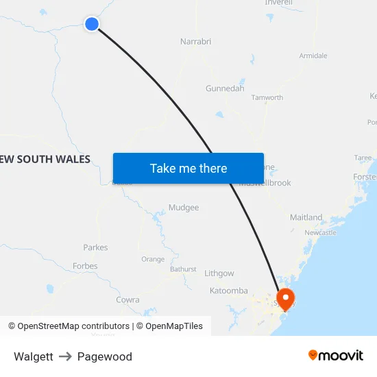 Walgett to Pagewood map