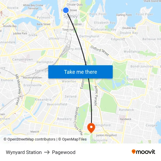 Wynyard Station to Pagewood map