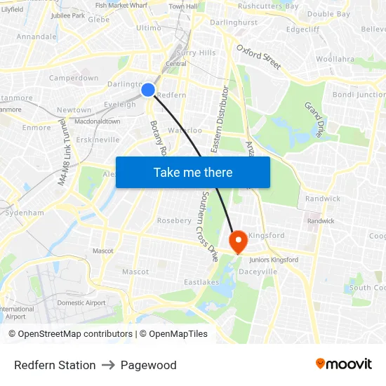 Redfern Station to Pagewood map
