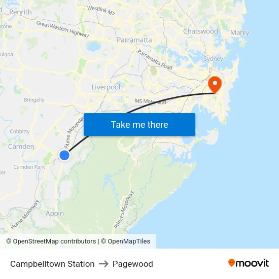 Campbelltown Station to Pagewood map