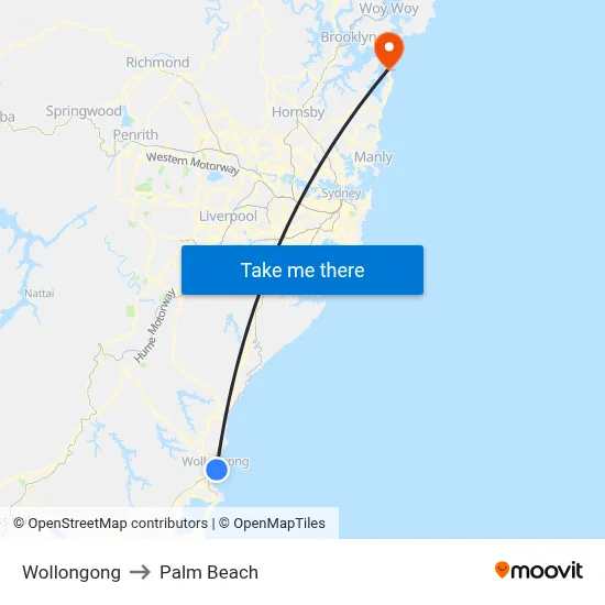 Wollongong to Palm Beach map