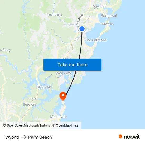 Wyong to Palm Beach map