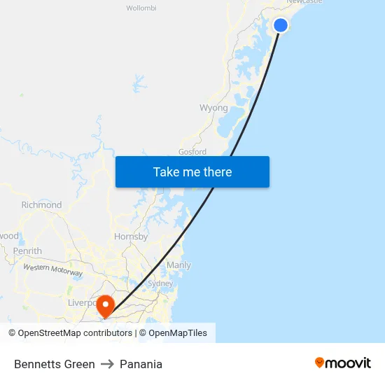 Bennetts Green to Panania map