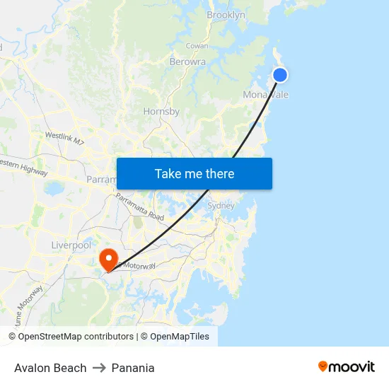 Avalon Beach to Panania map