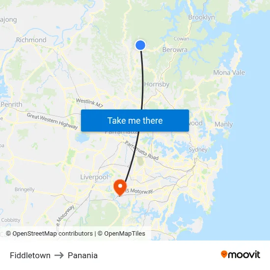 Fiddletown to Panania map