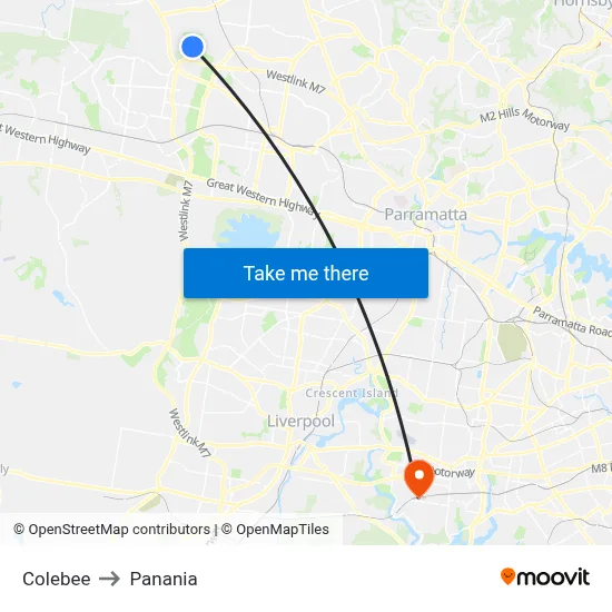 Colebee to Panania map