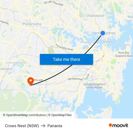 Crows Nest (NSW) to Panania map