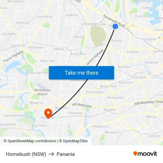 Homebush (NSW) to Panania map