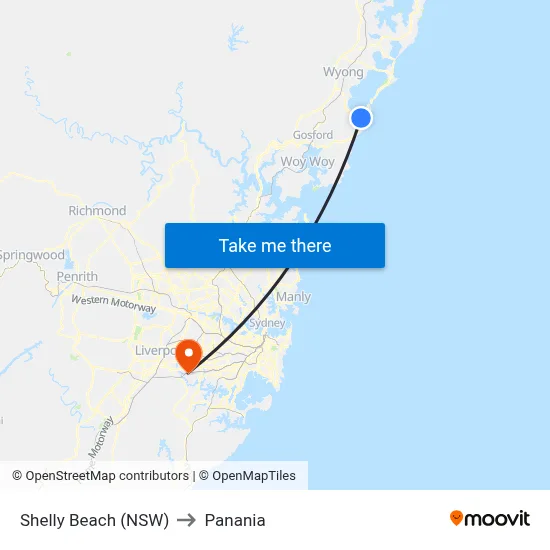 Shelly Beach (NSW) to Panania map