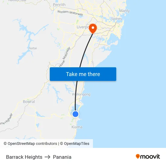 Barrack Heights to Panania map