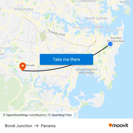 Bondi Junction to Panania map