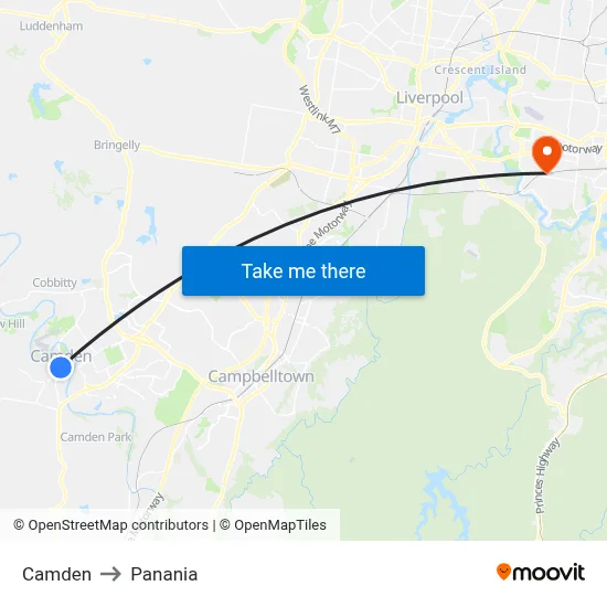 Camden to Panania map