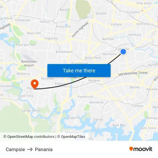 Campsie to Panania map