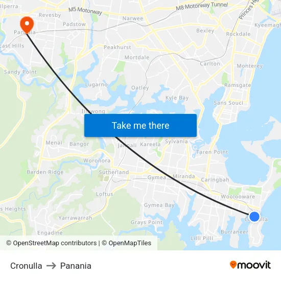 Cronulla to Panania map