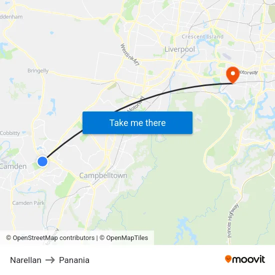 Narellan to Panania map