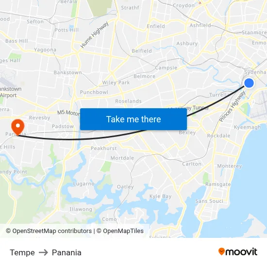 Tempe to Panania map