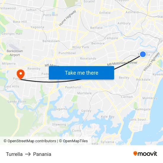 Turrella to Panania map