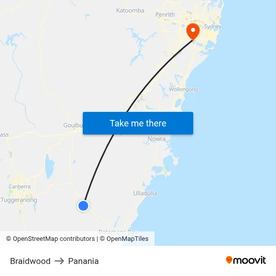 Braidwood to Panania map