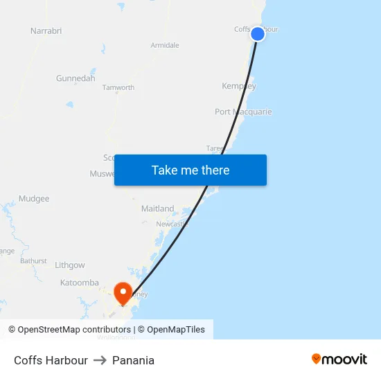 Coffs Harbour to Panania map