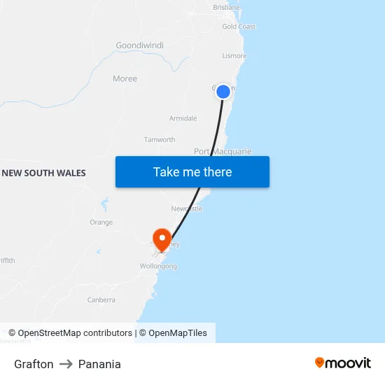 Grafton to Panania map