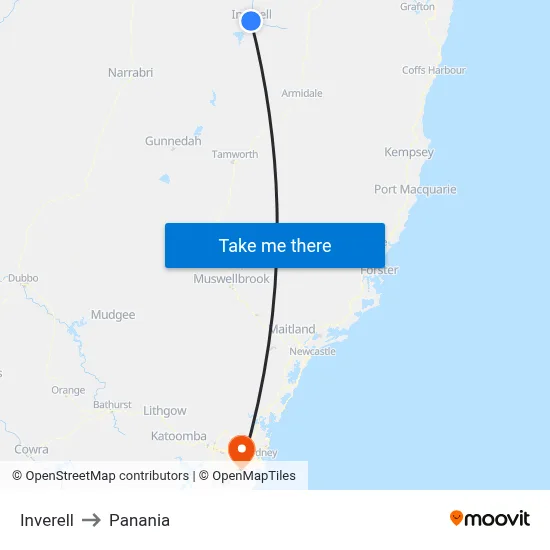 Inverell to Panania map