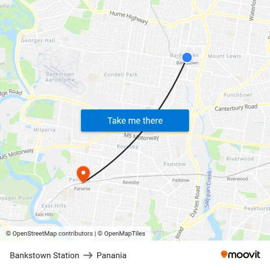 Bankstown Station to Panania map