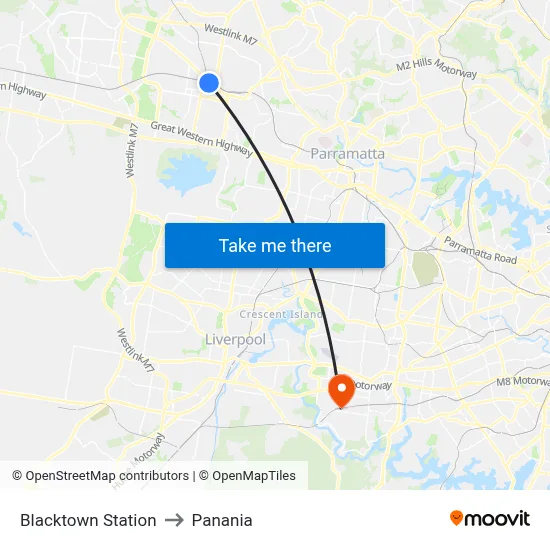 Blacktown Station to Panania map