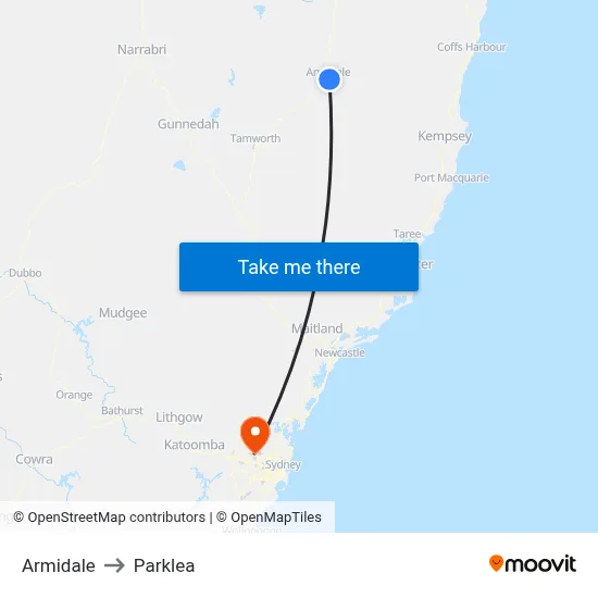 Armidale to Parklea map
