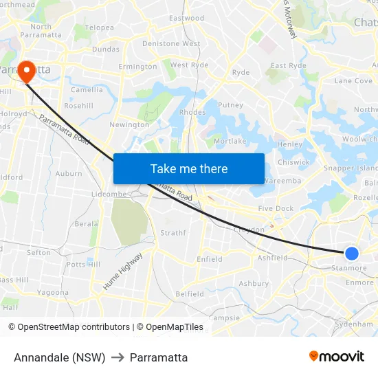 Annandale (NSW) to Parramatta map