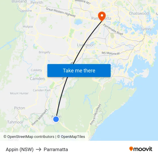 Appin (NSW) to Parramatta map