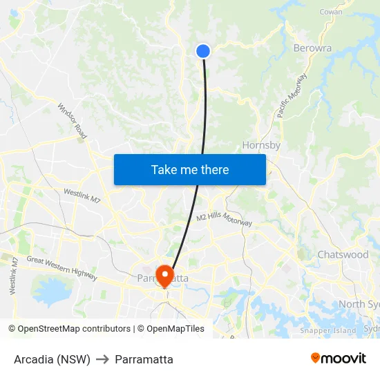 Arcadia (NSW) to Parramatta map