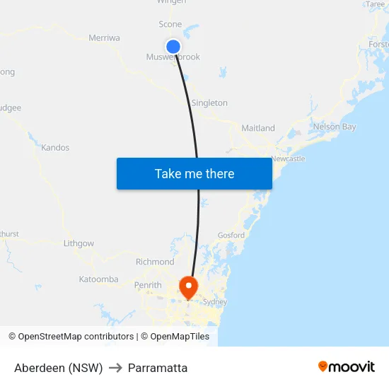 Aberdeen (NSW) to Parramatta map