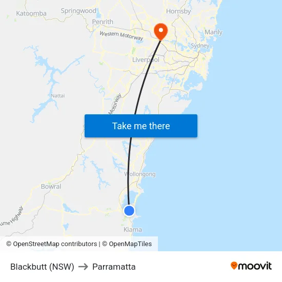 Blackbutt (NSW) to Parramatta map