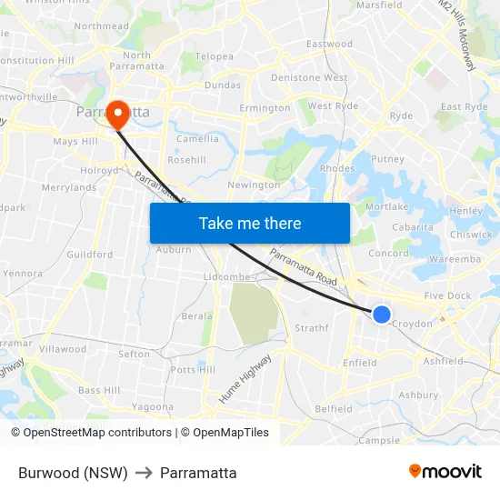 Burwood (NSW) to Parramatta map