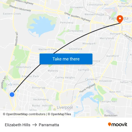 Elizabeth Hills to Parramatta map