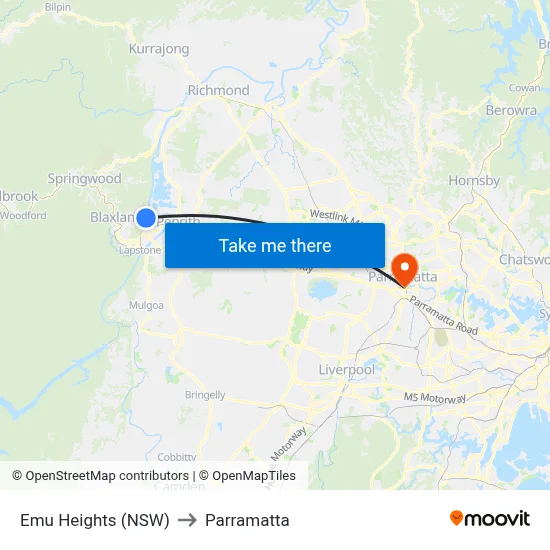 Emu Heights (NSW) to Parramatta map