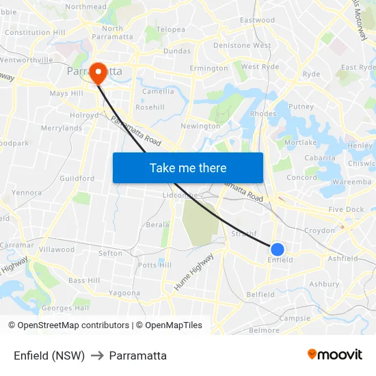 Enfield (NSW) to Parramatta map