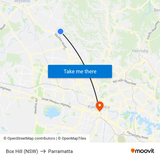 Box Hill (NSW) to Parramatta map