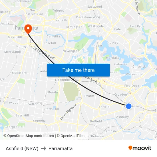 Ashfield (NSW) to Parramatta map