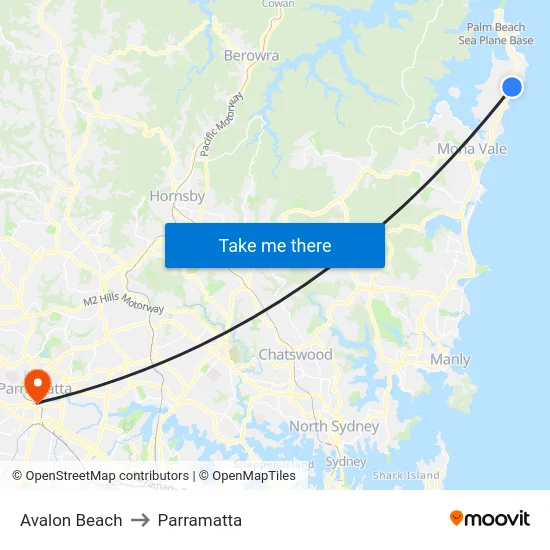 Avalon Beach to Parramatta map