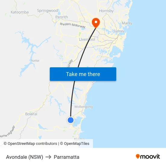 Avondale (NSW) to Parramatta map