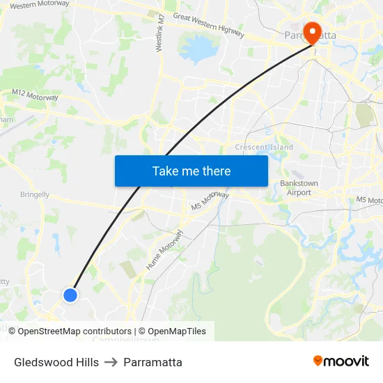 Gledswood Hills to Parramatta map