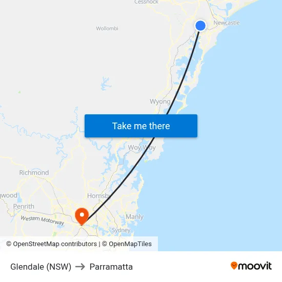 Glendale (NSW) to Parramatta map