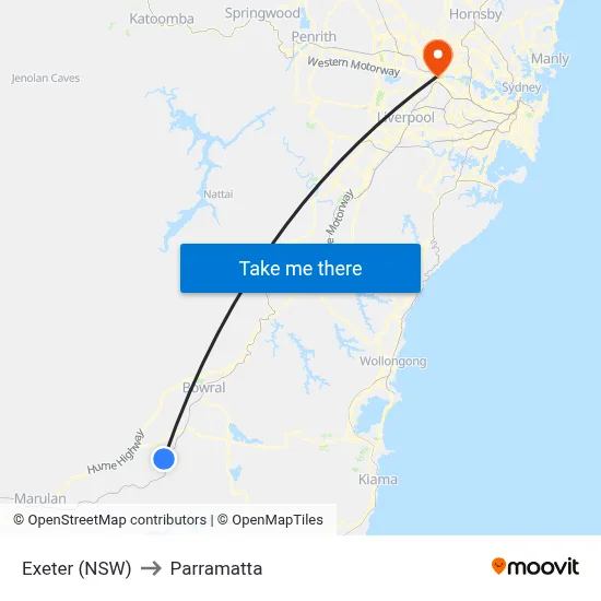 Exeter (NSW) to Parramatta map