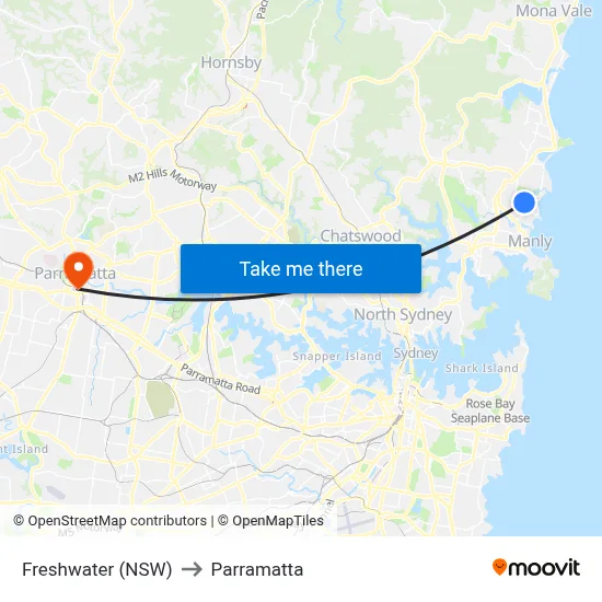 Freshwater (NSW) to Parramatta map