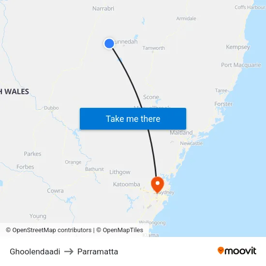 Ghoolendaadi to Parramatta map
