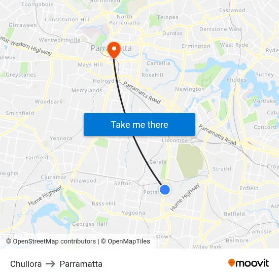 Chullora to Parramatta map