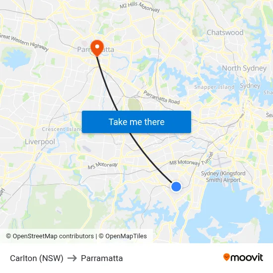 Carlton (NSW) to Parramatta map