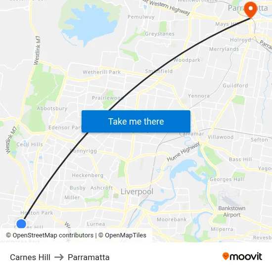 Carnes Hill to Parramatta map